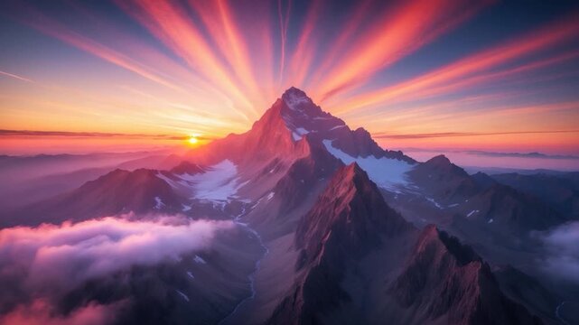 Aerial view of majestic mountain landscape at sunset with vibrant orange rays illuminating the peaks soft clouds in the foreground rocky textures contrasting with smooth valleys creating a stunning
