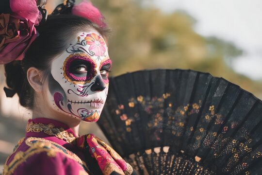 Woman showcasing striking sugar skull makeup and decorative fan for day of the dead - Powered by Adobe