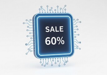 Sixty percent sale on a glowing chip isolated on white background for a technology promotion