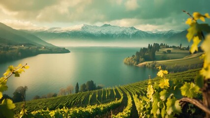 Expansive view of lush green vineyards leading down to a serene lake surrounded by majestic snow-capped mountains under soft diffused natural light with rich greens and tranquil blue tones - Powered by Adobe