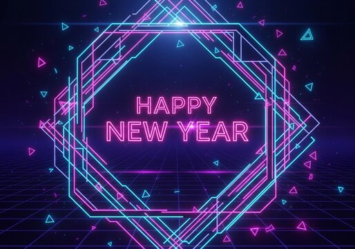 Happy new year neon sign with geometric shapes and grid background for holiday celebration - Powered by Adobe