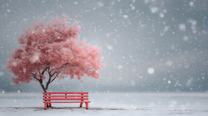 Red bench beneath pastel pink tree as snowflakes fall gently
