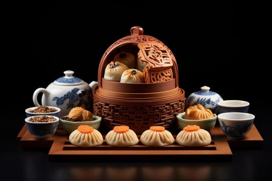 Assortment of steamed dumplings and tea pots arranged on a dark background