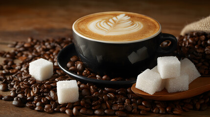 Coffee cup with latte art and sugar cubes surrounded by coffee beans