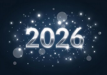 2026 text with sparkles and bokeh lights on a dark blue background, new year celebration design