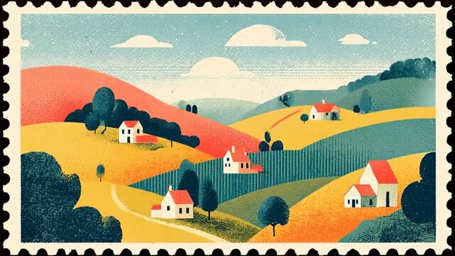 Charming flat vector illustration of an idyllic rural village landscape featuring houses nestled among colorful rolling hills on a decorative postage stamp