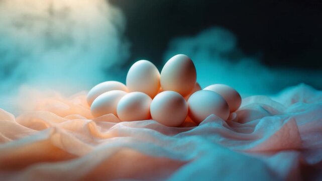 Close-up of fresh white eggs arranged in a circular formation on soft fabric with gentle lighting amid light fog showcasing textures and subtle colors ideal for culinary and food-related projects.
