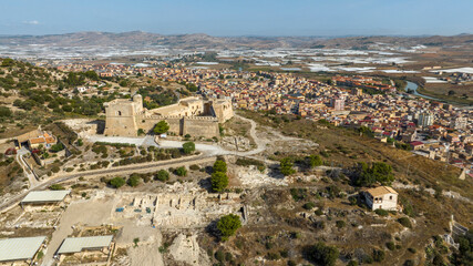 Obraz premium Aerial view of Castel Sant'Angelo, also known as Sant'Angelo Fort. It is an ancient castle located in Licata, in the province of Agrigento, Sicily, Italy. In the background is the city.