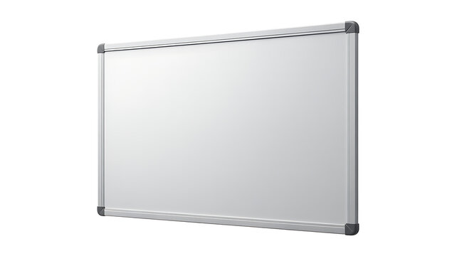A blank white board with a silver frame, isolated on white background
