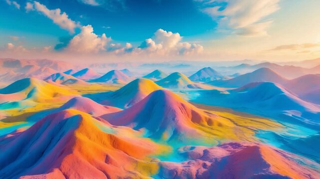 Colorful painted hills in vibrant pastel shades with rolling contours under a bright blue sky filled with soft clouds showcasing shifting hues and textures in a serene natural landscape