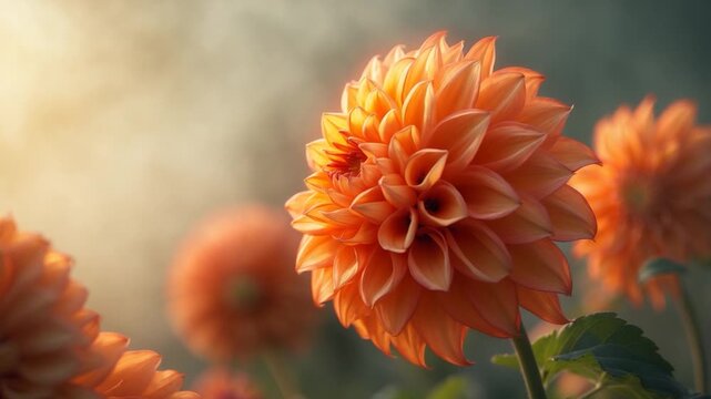 Close-up of vibrant orange dahlia flowers blooming and swaying gently in a soft natural light garden setting with blurred green foliage in the background emphasizing the intricate petal structures