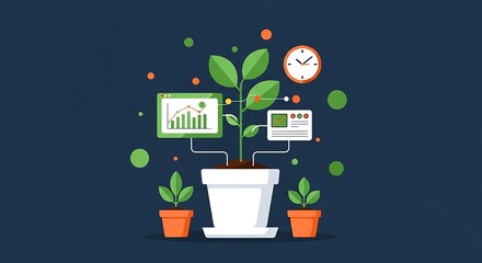 Business growth concept with plant connected to data and time management