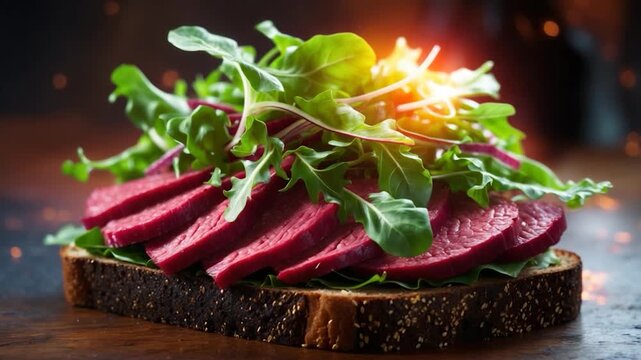 Close-up of a beautifully arranged slice of rye bread topped with vibrant pink cured meat and fresh arugula in a rustic kitchen setting illuminated by warm glowing light against a textured wooden