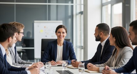 Confident businesswoman smiles, actively participating in a dynamic diverse team meeting, fostering collaboration and strategic business discussion in a modern office