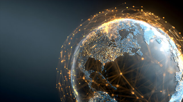 Digital globe with futuristic network mesh glowing softly