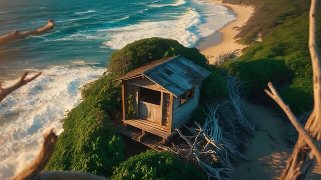 Aerial view of a weathered wooden cabin surrounded by lush greenery and drifting waves on a sandy beach showcasing the changing shoreline with bright sunlight illuminating the scene.