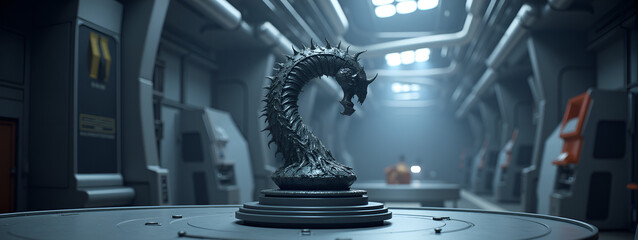 Metallic dragon chess piece on a futuristic table in dimly lit room  