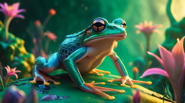 Vibrant green frog resting on a mossy surface amidst colorful flowers showcasing intricate details and textures under soft natural light captured in a beautiful forest setting with rich hues and