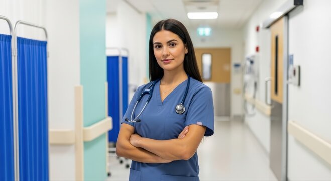 Dedicated female healthcare professional confidently stands in a bright, modern hospital corridor, ready for patient care, wearing blue scrubs and a stethoscope
