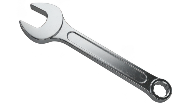 Silver wrench is shown in a white background. editable vector transparent eps