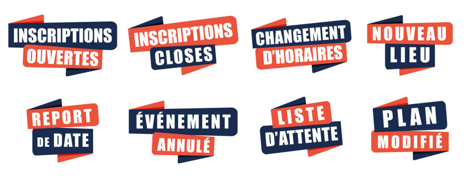Stickers organisation d&rsquo;&eacute;v&eacute;nements &ndash; Inscriptions ouvertes, annulation, report, changement