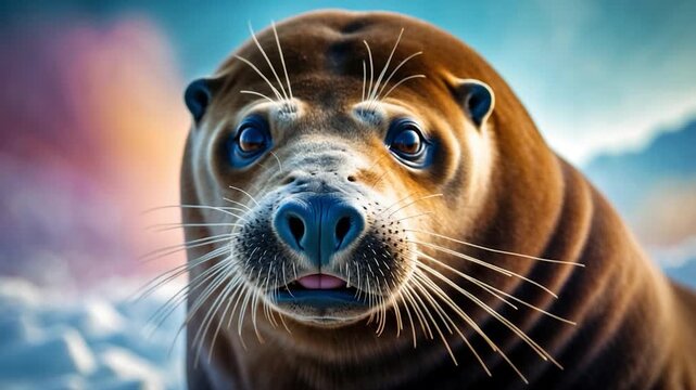 Close-up of a curious seal with dark brown fur and whiskers gazing directly at the camera in a snowy environment capturing the essence of marine wildlife and nature with soft natural lighting and a