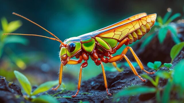 Close-up of vibrant green and orange grasshopper resting on dark soil surrounded by lush green plants showcasing intricate textures and colors in soft natural light illuminating the scene from the
