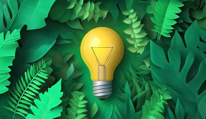 Glowing lightbulb surrounded by lush paper-cut green tropical leaves, symbolizing eco-friendly innovation