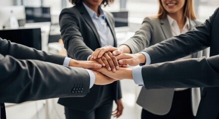 Diverse business professionals celebrate strong teamwork and powerful collaboration by stacking hands, fostering unity in a modern corporate office environment