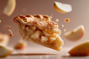A delicious slice of apple pie with a golden crust, surrounded by floating apple pieces, showcasing a perfect dessert moment.