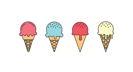 A colorful row of four ice cream cones with different flavors