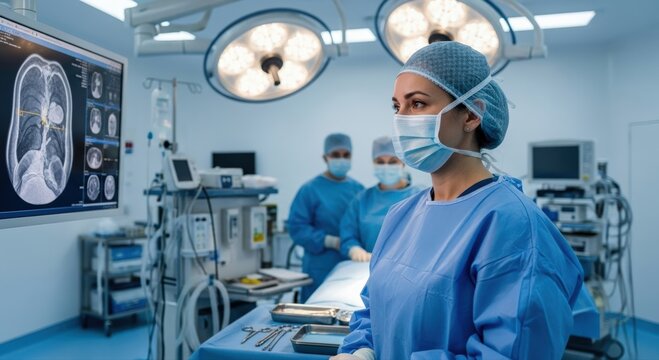 Expert surgeon, wearing protective mask, leads a focused medical team in a high-tech operating room, meticulously preparing for a complex procedure with advanced imaging