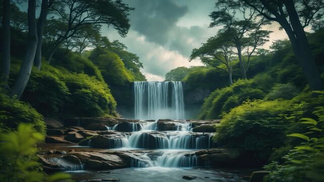 Scenic view of a cascading waterfall surrounded by lush green foliage and rocks in a tranquil forest setting featuring soft natural lighting and a tranquil atmosphere throughout the video
