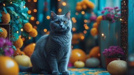 Elegant gray cat sitting among vibrant orange marigolds and soft pink flowers surrounded by colorful ornaments and glowing lights captured in a close-up with soft lighting and rich textures - Powered by Adobe