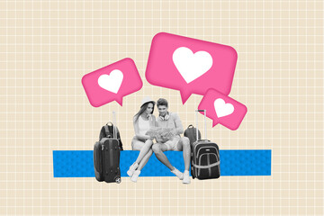 Creative full pop photo collage of two happy girl guy look path map lost tourism valise summer honeymoon wedding couple love story