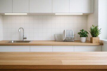 Fototapeta premium Modern wooden kitchen counter with blurred minimalist background, white cabinets, dishes rack, and green plants in soft natural home lighting. Ai generative