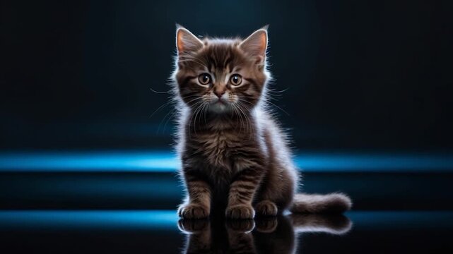 Fluffy brown tabby kitten staring intently at the camera with striking green eyes illuminated by soft blue backlighting against a dark backdrop highlighting its glossy fur and delicate features
