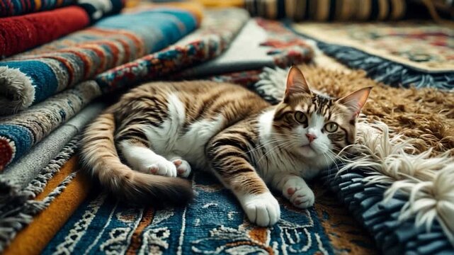 Fluffy tabby cat with white paws lounging comfortably on colorful woven rugs in a cozy indoor setting featuring soft natural light highlighting the various textures and patterns of the textiles