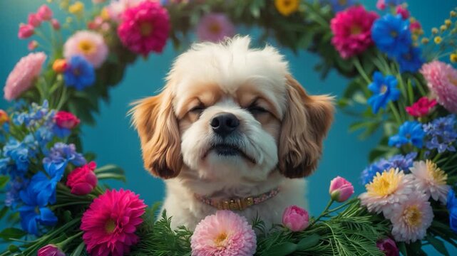 Fluffy dog with light brown and white fur sitting serenely amidst a colorful floral wreath featuring vibrant pink blue and yellow flowers against a soft blue background captured from various angles