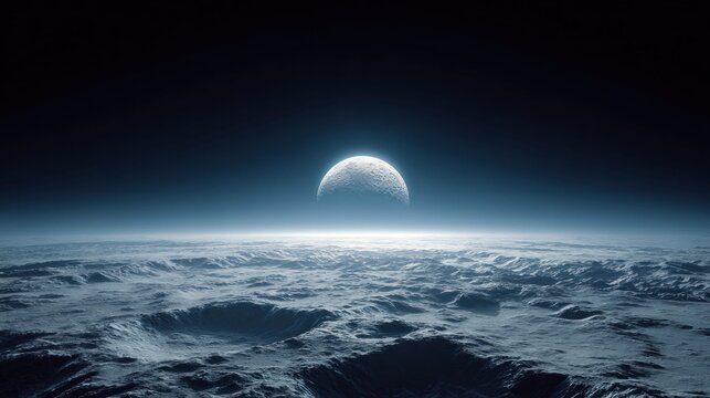 moonscape with a bright moon rising over a desolate, textured landscape