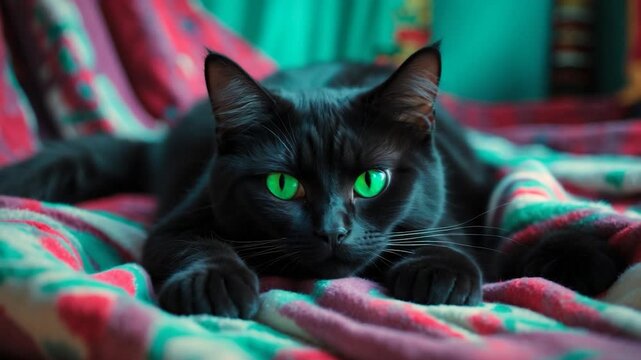 Close-up of a sleek black cat with vibrant green eyes resting on a colorful patterned blanket showcasing its glossy fur and curious expression in a well-lit indoor setting