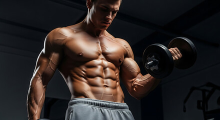 Muscular bodybuilder sculpts powerful biceps with a heavy dumbbell in an intense gym workout session, showcasing his shredded abdominal muscles and strength