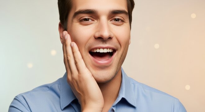 Radiant young man expresses pure joy, openly laughing with a perfect white smile, hand to cheek, against a soft gradient backdrop, radiating positive energy
