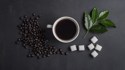 Top view of black coffee cup surrounded by coffee beans, green leaves and sugar cubes on dark background