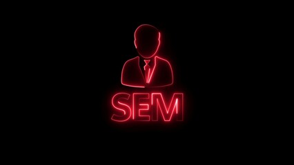 Glowing red neon outline of a person in a suit above the letters SEM on a black background search engine marketing
