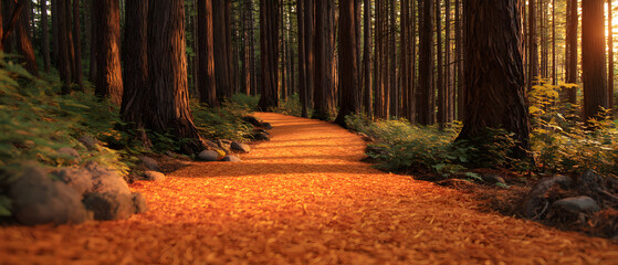 Ground-level view of orange mulch path winding through tall trees, warm sunlight filtering ahead, inviting and peaceful forest scene.