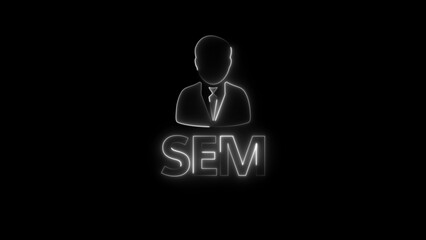 Glowing white outline of a person in a suit above the letters SEM on a black background search engine marketing