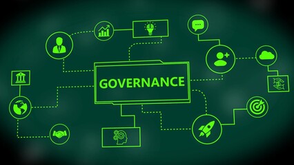Governance concept diagram with interconnected icons and text in bright green on a dark green background
