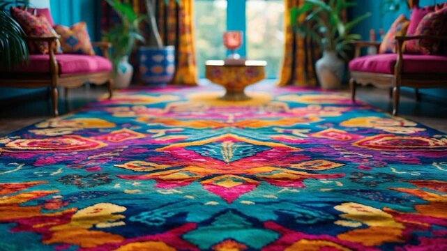 Vibrant colored rug with intricate patterns in a bright indoor setting featuring plush pink couches greenery and a decorative center table illuminated by soft natural light through large windows.