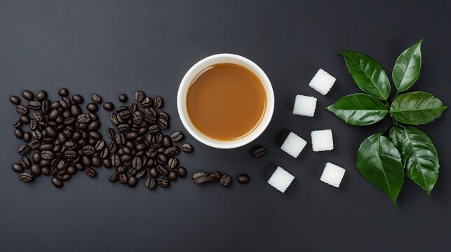 A cup of coffee, sugar cubes, and green leaves on the right side, scattered black coffee beans next to it - Powered by Adobe